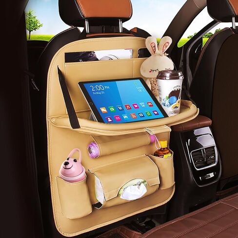 Backseat Car Organizer with Tray, Multi-Pocket PU Leather Backseat Organizer with Tray, Back Seat Tray Table for Cars, Backseat Organizer for Car with Tray Beige in Saudi Arabia