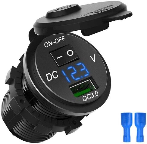 ZYTC Quick Charge 3.0 Car Charger 12V/24V 36W Aluminum Black Waterproof Dual QC3.0 USB Fast Charger Socket Power Outlet with Blue LED Digital Voltmeter for Marine, Boat, Motorcycle, Truck, Golf Cart in Kuwait