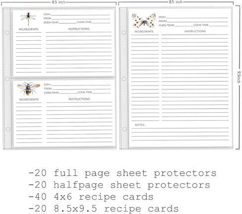 Fernweh4u بطاقات الوصفات البديلة ذات الحجم الصغير مع 20 بطاقة ملاحظة صغيرة كاملة الصفحة مقاس 8.5 × 9.5 بوصة و40 بطاقة 4X6 بالإضافة إلى واقيات الصفحات للجميع in Kuwait