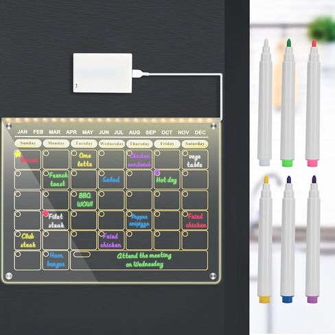 LED Acrylic Magnetic Planner, Monthly Weekly Calendar with Light for Fridge. Glowing Dry Erase Board with 6 Markers, Illuminated Whiteboard/to DO List/Menu Board/Memo in Saudi Arabia