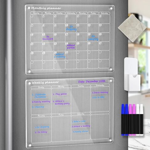 Acrylic Magnetic Monthly and Weekly Calendar for Fridge, Clear Set of 2 Dry Erase Board Calendar for Fridge Reusable Planner, Includes 6 Dry Erase Markers (16"x12"Inches) in Saudi Arabia