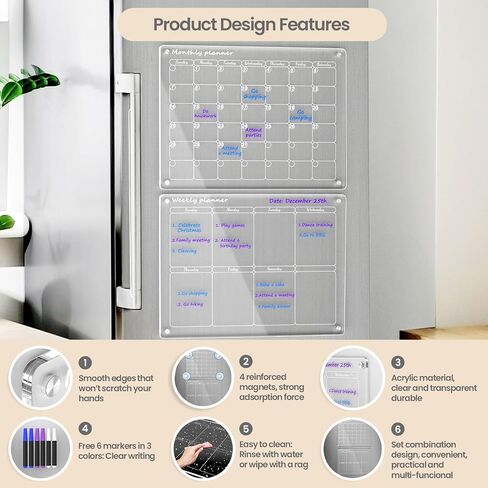 Acrylic Magnetic Monthly and Weekly Calendar for Fridge, Clear Set of 2 Dry Erase Board Calendar for Fridge Reusable Planner, Includes 6 Dry Erase Markers (16"x12"Inches) in Saudi Arabia