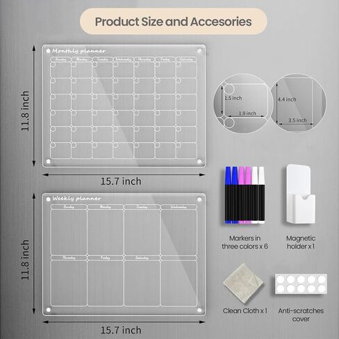 Acrylic Magnetic Monthly and Weekly Calendar for Fridge, Clear Set of 2 Dry Erase Board Calendar for Fridge Reusable Planner, Includes 6 Dry Erase Markers (16"x12"Inches) in Saudi Arabia
