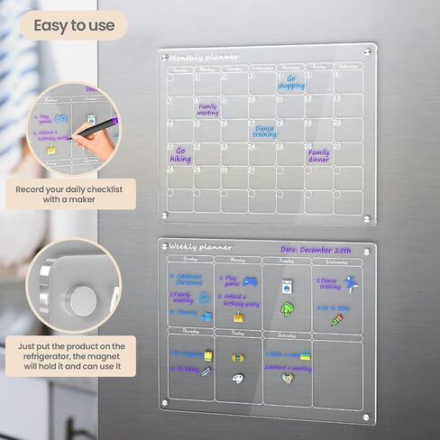 Acrylic Magnetic Monthly and Weekly Calendar for Fridge, Clear Set of 2 Dry Erase Board Calendar for Fridge Reusable Planner, Includes 6 Dry Erase Markers (16"x12"Inches) in Saudi Arabia