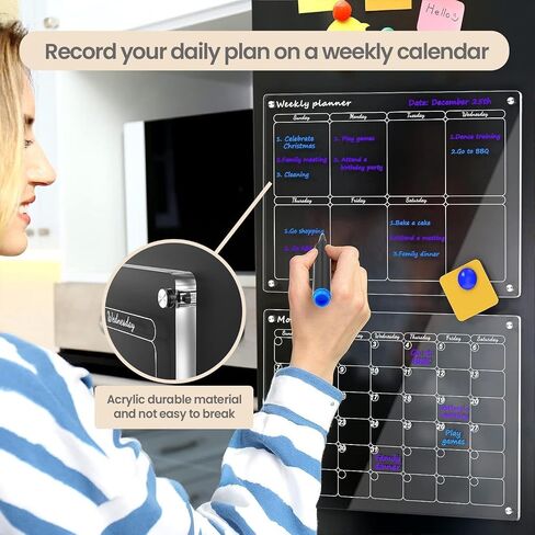 Acrylic Magnetic Monthly and Weekly Calendar for Fridge, Clear Set of 2 Dry Erase Board Calendar for Fridge Reusable Planner, Includes 6 Dry Erase Markers (16"x12"Inches) in Saudi Arabia