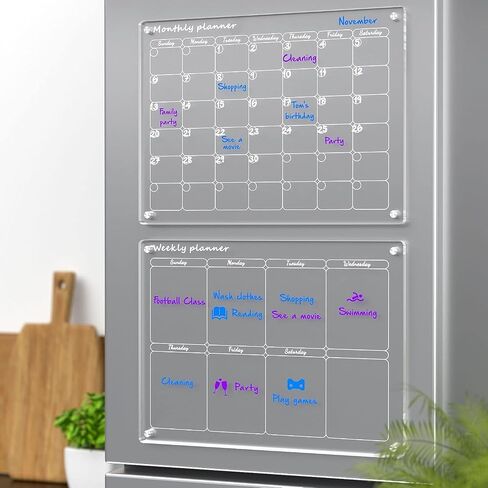 Acrylic Magnetic Monthly and Weekly Calendar for Fridge, Clear Set of 2 Dry Erase Board Calendar for Fridge Reusable Planner, Includes 6 Dry Erase Markers (16"x12"Inches) in Saudi Arabia