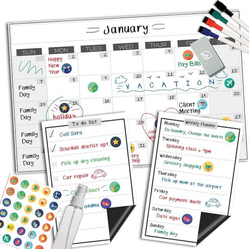 تقويم السبورة البيضاء المغناطيسية القابلة للمسح الجاف - 11 × 17 بوصة - لوحة كبيرة ممتازة قابلة لإعادة الاستخدام للثلاجة - مخطط ثلاجة المطبخ الأسبوعي ومنظم العادات الذرية الذكية in Kuwait