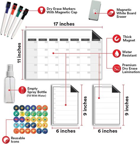 تقويم السبورة البيضاء المغناطيسية القابلة للمسح الجاف - 11 × 17 بوصة - لوحة كبيرة ممتازة قابلة لإعادة الاستخدام للثلاجة - مخطط ثلاجة المطبخ الأسبوعي ومنظم العادات الذرية الذكية in Kuwait