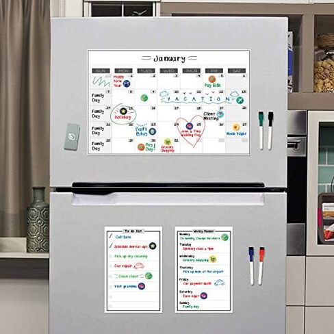 تقويم السبورة البيضاء المغناطيسية القابلة للمسح الجاف - 11 × 17 بوصة - لوحة كبيرة ممتازة قابلة لإعادة الاستخدام للثلاجة - مخطط ثلاجة المطبخ الأسبوعي ومنظم العادات الذرية الذكية in Kuwait
