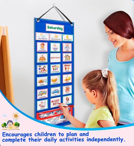 Visual Schedule Chart, Daily Routine Pocket Chart with 107 Cards, Double Side Visual Calendar Board Autism Learning Tool in Saudi Arabia