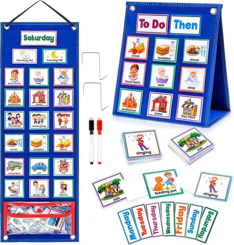 Visual Schedule Chart, Daily Routine Pocket Chart with 107 Cards, Double Side Visual Calendar Board Autism Learning Tool in Saudi Arabia