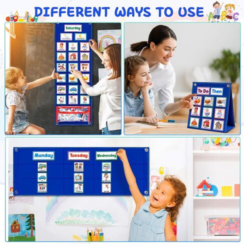 Visual Schedule Chart, Daily Routine Pocket Chart with 107 Cards, Double Side Visual Calendar Board Autism Learning Tool in Saudi Arabia