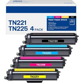 TN221 TN225 Toner Cartridge High Yield Replacement for Brother TN-221 TN-225 Compatible with MFC-9130CW HL-3170CDW MFC-9340cdw HL-3140CW MFC-9330CDW (1 Black, 1 Cyan, 1 Magenta, 1 Yellow, 4 Pack)