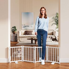 Snughome Dog Gate Indoor, 16" High Freestanding Dog Door Gates with Support Feet, Expands Up to 48’’ Wide Foldable Pet Gates for Doorways Hallways, 4 Panel Folding Pet Door Pet Fence for Puppy, White
