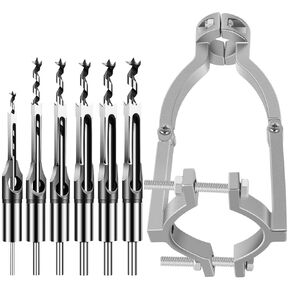 Square Hole Drill Bit Adapter with 6 Drill Bits Carbon Steel Square Hole Drill Fixing Bracket Precise Woodworking Mortising Chisel Kit Drill Press Mortise Drill Bit Accessory for Drill Press