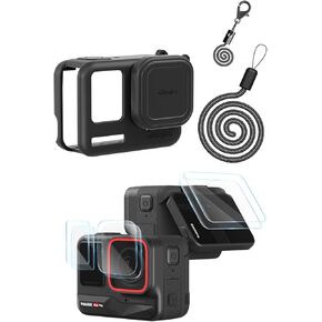 حالة غلاف واقي السيليكون مع غطاء عدسة السيليكون والشاشة وحامي العدسة لـ Insta360 Ace Pro (Ace Pro Black Case+Screen Screens)