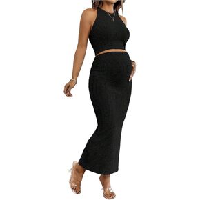 SHENHE Women's Maternity 2 Piece Outfits Ribbed Crop Tank Top and Bodycon Slit Maxi Skirt Set