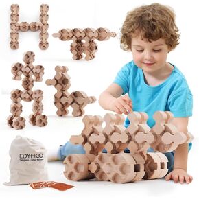 THS102, Toddler Toys, Wooden Building Blocks, Montessori Toys, 50Pcs Stacking Blocks, Durable & Safe Wood, STEM Toy with Canvas Bag & Parent-Child Cards, for Home, School, Travel, Outdoor Fun
