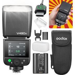 Godox V480 لـ Canon Godox TTL Flash - GN50/1.7S إعادة تدوير/650 أوقات الفلاش/HSS/قراءة مسافة ذكية/10 مستويات مصباح النمذجة LED/2.0 "شاشة تعمل باللمس/2.4G