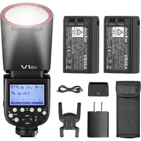 Godox V1 N USA الإصدار Flash for Nikon مع 2Pack 76WS 2600mAh بطارية 2.4G TTL Round Head Speedlight 480 لقطات الطاقة الكاملة 1/8000S HSS 1.5S وقت إعادة التدوير 10 مستوى مصباح LED LED