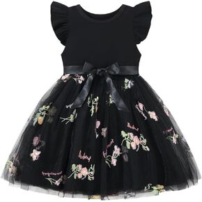 Toddler Girls Baby Tutu Tulle Dress Ruffled Sleeve Embroidered Floral Princess Party Dresses Summer Clothes 2-7Y