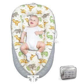 Baby Lounger for Newborn 0-24 Months, Breathable and Soft Cotton Infant Lounger, Adjustable Infant Nest, Portable Cosleeping Baby Bed Sleeper for Home and Travel, Gray Dinosaur