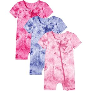 Jimonda Baby Girl Boys Rayon من Bamboo Pajamas 3 Pack Short Sleeve Footless Romper 2 Way Zipper Tie Dye Pjs Sleeper 0-24m