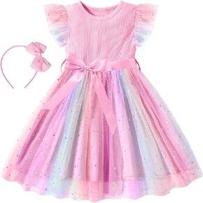 Toddler Girls Tulle Dress Summer Ruffle Sleeveless Baby Girl Fashion Tutu Dresses with Headband Princess Dress 2-6Y