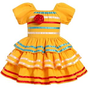 AWIBMK Baby Girls Mexican Dress Square Neck Puff Sleeve Striped Flower Tiered Dress Pageant Party Cinco de Mayo Dresses