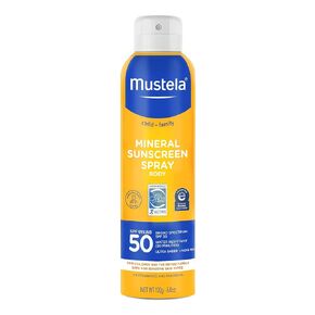 Mustela Baby Mineral Sunchnen Spf SPF 50 عريض الطيف - رذاذ شمس الجسم للبشرة الحساسة - مقاومة للماء وخالية من العطور - 6 fl.oz.
