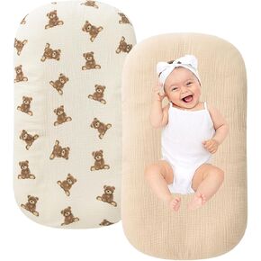 Little Jump Organic Cotton Muslin Baby Lounger Covers, 2 Pack, Soft Removable Slipcovers for Newborn Infant Lounger, for Girls Boys, Coffee Checkered (Teddey Bears & Kakhi)