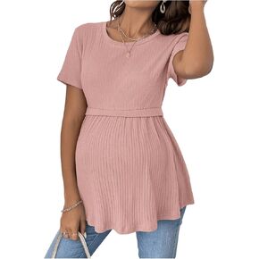 OYOANGLE Women's Maternity Short Sleeve Ribbed Knit Peplum Tops Pregnancy Crew Neck Shirts