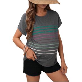 OYOANGLE Women's Maternity Zipper Nursing Top Striped Print Roll Up Short Sleeve Breastfeeding T Shirts
