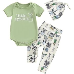 Chloefairy Newborn Baby Boy Girl Summer Clothes Little Sprout Romper Bodysuit Plants Pants Set 3Pcs Coming Home Outfit