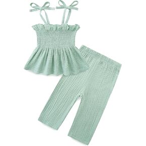 Toddler Girl Summer Clothes Solid Color Sweet Camisole Ruffle 2-Piece Infant Cotton Linen Pants Set
