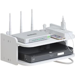 Wireless Network Organizer Router Rack, Wall-Mounted TV Set-Top Box Shelf, Double-Layer WiFi Router Storage, White