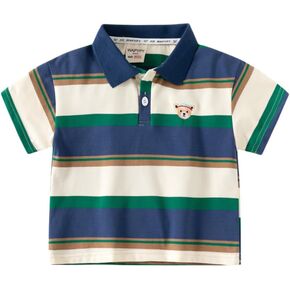 Toddler Baby Boys Lapel Short Sleeves Color Block T-Shirt Button Embroidered Infant Polo Pullover Little Kids Tops