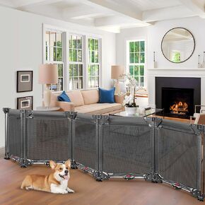 100" Extra Long Dog Gate Freestanding Gate with Strong Suction Cup No Screw 24" Tall Step Over Child Gate for Wide Opening 5 Panel Foldable Dog Gate Mesh Baby Gate Adjustable Pet Play Yard (Gray)