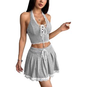Ladies Lace Short Skirt Halter Neck Camisole Two-piece Set, French Ribbed Tank Top & Mini Skirt for Style & Lounge