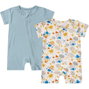 تعليم Leanbh للجنسين 2 حزمة الخيزران Viscose Pajamas 2 الطريق سستة قصيرة الأكمام المطبوعة بذلة رومبير نوم ولعب