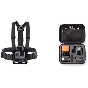 Amazon Basics Adjustable Chest Mount Harness for GoPro Camera (Compatible with GoPro Hero Series), Black & Small Carrying Case for GoPro and Accessories - 9 x 7 x 2.5 Inches, Black