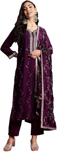 DREAMANGEL FASHION Womens Art Silk Embroidered Kurta Trouser and Dupatta in Kuwait
