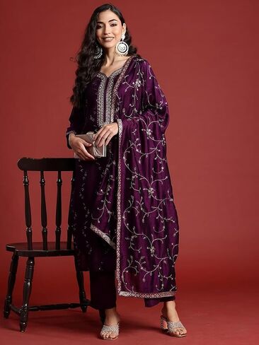 DREAMANGEL FASHION Womens Art Silk Embroidered Kurta Trouser and Dupatta in Kuwait
