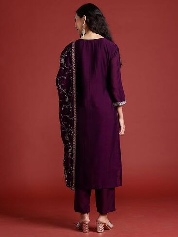DREAMANGEL FASHION Womens Art Silk Embroidered Kurta Trouser and Dupatta in Kuwait