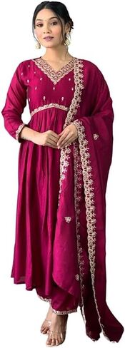 DREAMANGEL FASHION Womens Art Silk Embroidered Kurta Trouser and Dupatta in Kuwait