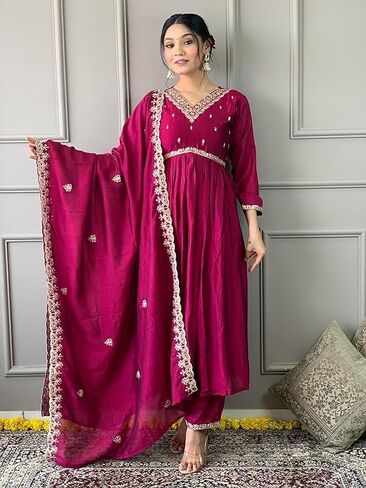 DREAMANGEL FASHION Womens Art Silk Embroidered Kurta Trouser and Dupatta in Kuwait