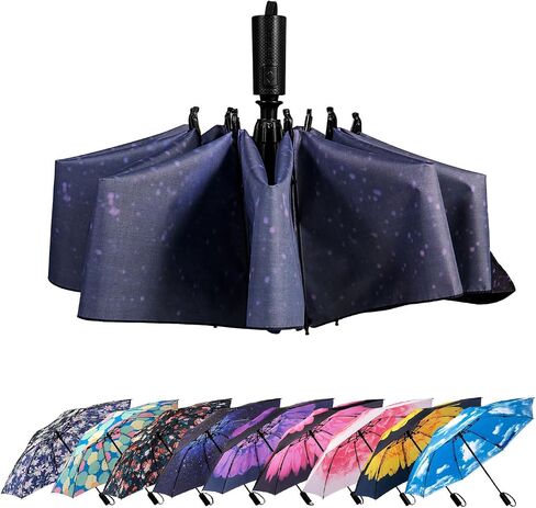 LANBRELLA Umbrella Travel Umbrella, Compact Folding Vented Double Canopy Umbrella Auto Open Close 10 rib - E2.1 Black in Kuwait