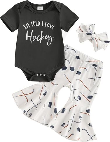 Newborn Baby Girl Hockey Clothes I'm Told I Love Hockey Romper Bell Bottom Flare Pants Set 3Pcs Infant Summer Outfits in Saudi Arabia