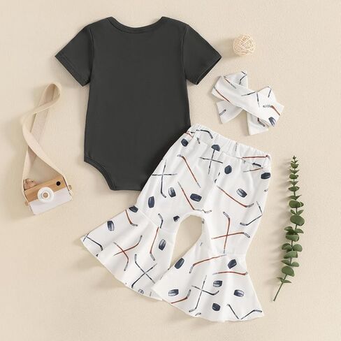 Newborn Baby Girl Hockey Clothes I'm Told I Love Hockey Romper Bell Bottom Flare Pants Set 3Pcs Infant Summer Outfits in Saudi Arabia
