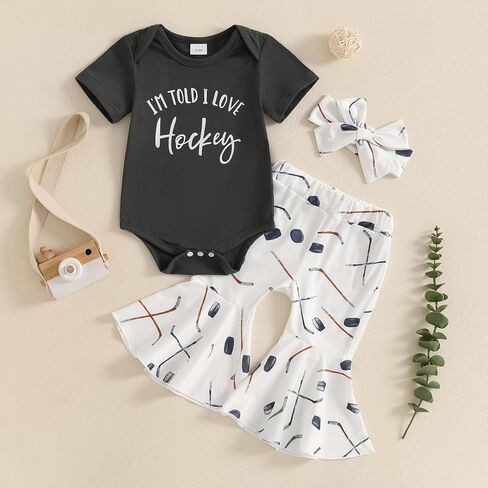 Newborn Baby Girl Hockey Clothes I'm Told I Love Hockey Romper Bell Bottom Flare Pants Set 3Pcs Infant Summer Outfits in Saudi Arabia